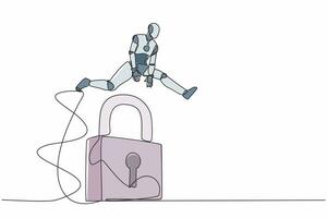 Single continuous line drawing robot jumping big padlock. Business protection security. Success business key accessibility. Robotic artificial intelligence. One line draw design vector illustration