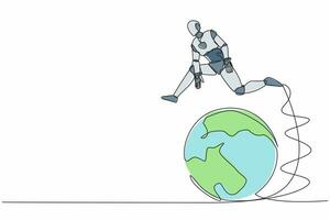 Single continuous line drawing robot jumping over globe. International partnership, cooperation in business. Travel destination. Robot artificial intelligence. One line draw design vector illustration