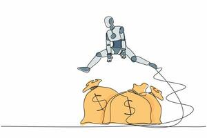 Single continuous line drawing robot jumping over money bag. Business loan or capital funding, money help in crisis. Modern robotic artificial intelligence. One line graphic design vector illustration