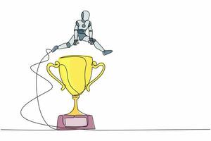 Continuous one line drawing robot jumping over big trophy. Challenge or succeed in business competition. Humanoid robot cybernetic organism. Future robotic. Single line draw design vector illustration