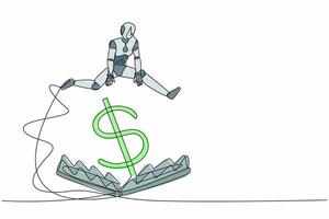 Continuous one line drawing robot jumping over money pitfall with big money dollar symbol. Financial money trap. Humanoid future robot cybernetic organism. Single line draw design vector illustration