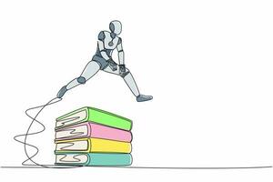 Single one line drawing robot jumping over pile of big binders. Stack of paper work document. Information classification. Future technology development. Continuous line draw design vector illustration