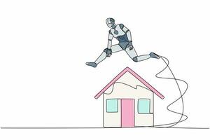 Single one line drawing robot jumping over house. Housing loan real estate investment. Future technology development. Artificial intelligence. Continuous line draw design graphic vector illustration