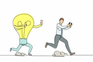 Single continuous line drawing stressed businessman being chased by light bulb. Losing inspiration, innovation, creative idea, success. Minimalism metaphor. One line graphic design vector illustration