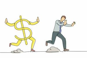 Single continuous line drawing stressed businessman being chased by dollar symbol. Office worker losing his money. Financial crisis. Minimalism metaphor. One line graphic design vector illustration