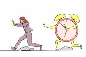 Single one line drawing scared businesswoman being chased by alarm clock. Female worker running out of working time. Deadline project. Minimal metaphor. Continuous line draw design vector illustration