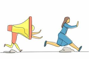 Single continuous line drawing scared businesswoman being chased by megaphone. Female employee avoid loud screaming from boss. Minimalism metaphor concept. One line graphic design vector illustration
