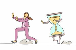 Single continuous line drawing scared businesswoman being chased by hourglass. Female manager exhausted with work deadlines, depression. Minimalism metaphor. One line draw design vector illustration