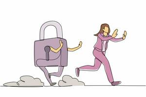 Single one line drawing scared businesswoman being chased by padlock. Female employee hurry in business protection security. Minimal metaphor. Continuous line draw design graphic vector illustration