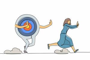 Single continuous line drawing scared businesswoman being chased by archery bullseye target. Female worker losing innovation in business goal, loss in career. One line draw design vector illustration