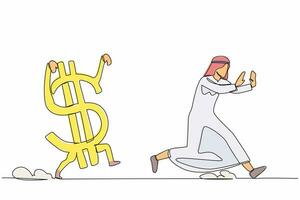 Continuous one line drawing unhappy Arab businessman being chased by dollar symbol. Manager afraid with financial crisis, losing his money. Minimalist metaphor. Single line design vector illustration