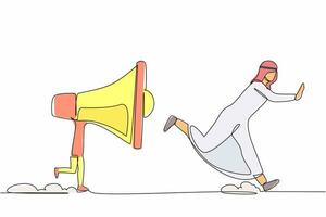 Single continuous line drawing unhappy Arabian businessman being chased by megaphone. Manager feeling angry with loud screaming of marketing concept. One line draw graphic design vector illustration