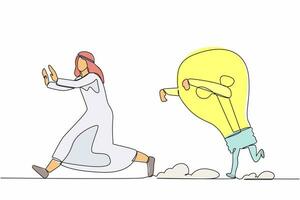 Single continuous line drawing unhappy Arab businessman being chased by light bulb. Losing new business idea, inspiration, innovation. Minimalism metaphor. One line graphic design vector illustration