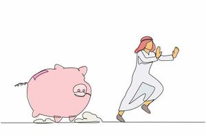 Single continuous line drawing unhappy Arab businessman being chased by piggy bank. Manager difficult to handle financial or economic crisis. Minimalism metaphor. One line design vector illustration