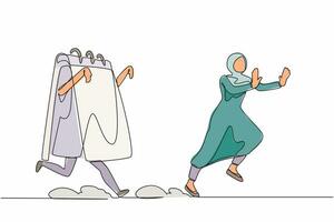 Single one line drawing fright Arab businesswoman being chased by calendar. Female employee afraid with project schedule deadline. Minimal metaphor. Continuous line design graphic vector illustration