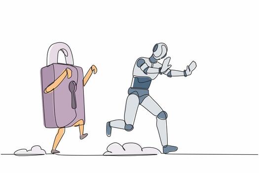 Single one line drawing stress robot being chased by padlock. Afraid with office security or business protection. Future technology development. Continuous line draw design graphic vector illustration