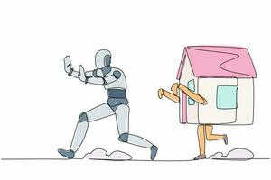 Continuous one line drawing stressed robot being chased by house. Afraid with increasing housing loan. Humanoid cybernetic organism. Robotic development. Single line design vector graphic illustration