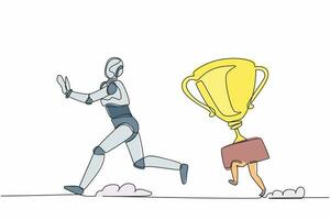 Single continuous line drawing stressed robot being chased by trophy. Confused with business goals for winning competition. Robotic artificial intelligence. One line draw design vector illustration