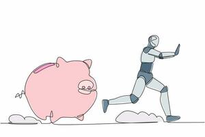 Single continuous line drawing stressed robot being chased by piggy bank. Economic crash. Losing money in tech industry. Robotic artificial intelligence. One line design vector graphic illustration