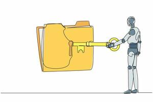 el robot de dibujo de una sola línea puso la llave grande en la carpeta. protección de documentos. seguridad de datos. informacion secreta. desarrollo tecnológico futuro. ilustración de vector gráfico de diseño de dibujo de línea continua