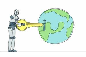 Continuous one line drawing robot putting key into globe. Global warming alert for ecosystem around the world. Humanoid robot cybernetic organism. Single line draw design vector graphic illustration