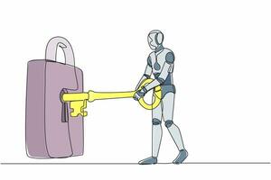 robot de dibujo continuo de una línea que pone la llave grande en el candado. seguridad empresarial, protección de la propiedad privada. organismo cibernético robot humanoide. ilustración gráfica de vector de diseño de dibujo de una sola línea