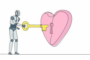 Single continuous line drawing robot putting key into heart. Humanoid robot try to unlock heart icon. Metaphor love. Robotic artificial intelligence. One line draw graphic design vector illustration