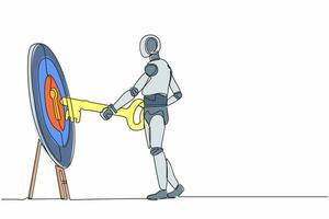 Single continuous line drawing robot putting big key into bullseye target. Unlock business opportunity. Goal achievement. Robotic artificial intelligence. One line design vector graphic illustration