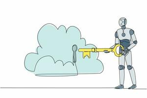 robot de dibujo continuo de una línea que pone la llave grande en la nube. almacenamiento de seguridad, autenticación de seguridad de bloqueo de contraseña. organismo cibernético robot humanoide. ilustración gráfica de vector de diseño de línea única