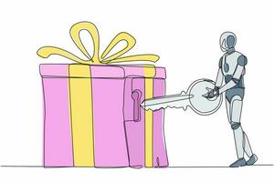 Continuous one line drawing robot putting key into gift box with ribbon. Celebration for success business achievement. Humanoid robot cybernetic organism. Single line draw design vector illustration