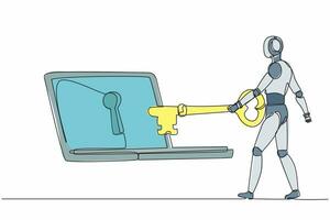 Single continuous line drawing robot putting key into laptop. Protection internet encryption, access to encrypted data. Robot artificial intelligence. One line draw design vector graphic illustration