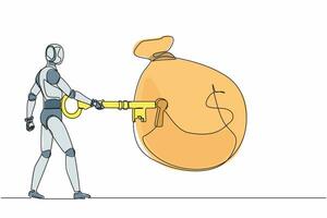 Continuous one line drawing robot put big key into money bag. Financial key success, safe haven for investment. Humanoid robot cybernetic organism. Single line draw design vector graphic illustration