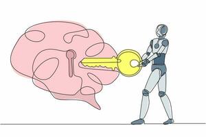 Single continuous line drawing robot putting key into brain. Unlock personality for better healthy. Open mind. Modern robotic artificial intelligence. One line draw graphic design vector illustration
