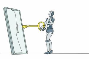 el robot de dibujo continuo de una línea pone la llave en el teléfono inteligente. privacidad de datos para proteger al usuario del hacker. seguridad de la contraseña. organismo cibernético robot humanoide. ilustración de vector de diseño de dibujo de una sola línea