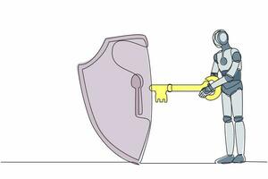 un solo robot de dibujo de una línea puso la llave en el escudo. seguridad y protección de Internet. cifrado, codificación de datos digitales. desarrollo tecnológico futuro. ilustración de vector de diseño de dibujo de línea continua