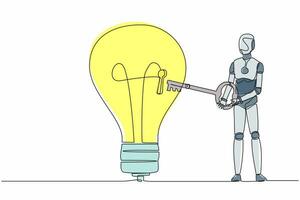 Single one line drawing robot put big key into light bulb. Unlock innovation on business idea. Future technology development. Artificial intelligence. Continuous line draw design vector illustration