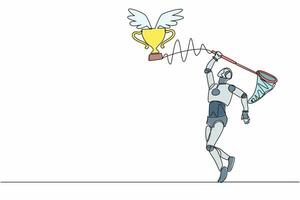 Continuous one line drawing robot try to catching flying trophy with butterfly net. Sport tech game. Victory trophies, awards. Humanoid cybernetic organism. Single line draw design vector illustration