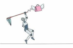 Single one line drawing robot try to catching flying shopping bag with butterfly net. Commercial retail fashion. Future technology. Artificial intelligence. Continuous line design vector illustration