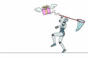 Single one line drawing robot try to catching flying gift box with butterfly net. Winged gift box, package. Future technology. Artificial intelligence. Continuous line draw design vector illustration