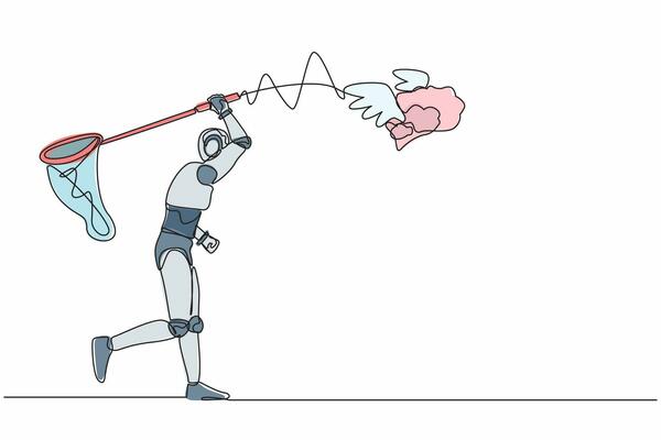 Continuous one line drawing robot try to catch flying brain with butterfly net. Genius idea for robot brain healthcare. Robot cybernetic organism. Single line draw design vector graphic illustration