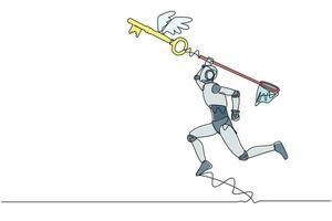 Single continuous line drawing robot try to catching flying key with butterfly net. Find key to solve technology problems. Robotic artificial intelligence. One line graphic design vector illustration