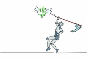 Continuous one line drawing robot try to catching flying dollar sign symbol with butterfly net. Finance economic crisis. Humanoid robot cybernetic organism. Single line draw design vector illustration