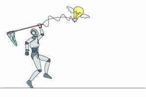 Single one line drawing robot try to catching flying light bulb with butterfly net. Hard to search tech inspiration, creative idea. Machine learning. Continuous line design graphic vector illustration