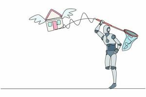 un solo robot de dibujo de una línea intenta atrapar la casa voladora con una red de mariposas. aumentos de precio de préstamo de vivienda. desarrollo tecnológico futuro. ilustración de vector gráfico de diseño de dibujo de línea continua