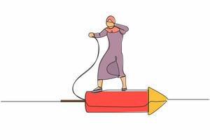 Continuous one line drawing Arab businesswoman standing on firework rocket, trying to set it on fire to growth career track. Agility motivation for success. Single line draw design vector illustration