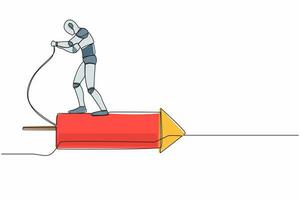 Single one line drawing robot standing on the firework rocket and ignite it to boost machine learning process. Modern robotic artificial intelligence. Continuous line draw design vector illustration