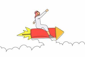 Continuous one line drawing Arab businessman flying high riding firework rocket. Ready to launching new startup business digital. Minimal metaphor. Single line draw design vector graphic illustration