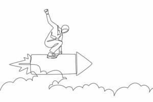 Single continuous line drawing Arabian businesswoman standing astride a rocket and flying through the air. Successful business and motivation concept. One line draw graphic design vector illustration