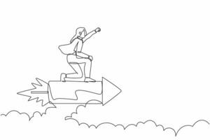 Continuous one line drawing of attractive businesswoman flying high riding firework rocket. Ready to transformation and launching new idea startup business. Single line draw design vector illustration