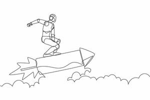 Single one line drawing robot standing astride a rocket and flying through the air. Humanoid robot cybernetic organism. Future robotic development. Continuous line design graphic vector illustration